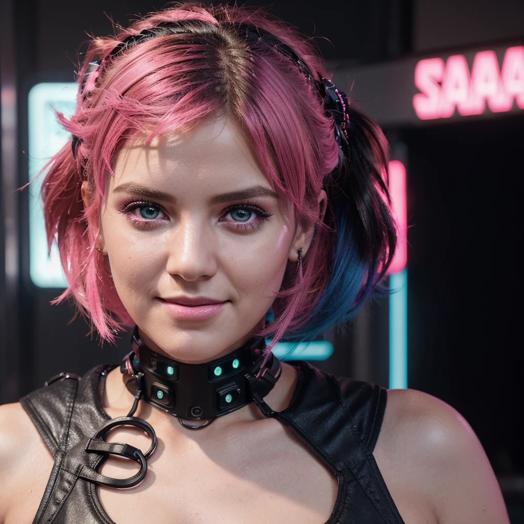 best quality, 8k,highres,masterpiece:1.2,ultra-detailed,realistic:1.37,physically-based rendering,professional,vivid colors,studio lighting,sharp focus,bokeh,portraits,photography,concept artists, analogue, cinematic film still closeup,fantasy,beautiful neon pink and black photograph of a woman with neon hair and makeup, (ohwx woman:1.3) blacklight aesthetic, girl aesthetic, aesthetic cyberpunk, cyber aesthetic, aesthetic!!!!!!!! RAW DSLR photograph, photorealistic, looking at viewer, closeup portrait, 1 girl, smiling, Tron scifi cyberpunk background, neon, ((sexy neon dress)), short hair, neon hair, glowing dress, (glowing pink eyes:1.2),