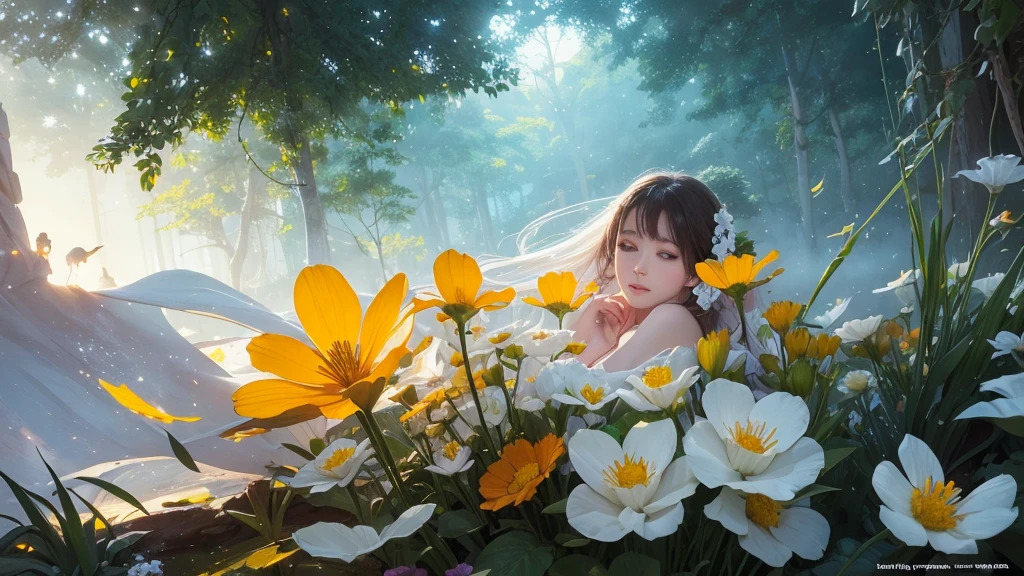 32k, Masterpiece, highest quality, One girl, Detailed eyes, flower,Sandersonia, Yellow and white style,A dreamy, romantic piece,Pale orange, Mysterious Leaves,A playful arrangement,Fantasy,High Contrast,Ink strokes,explosion,Exposure, Impression of yellow and white tones,Abstract,((Watercolours by John Berkey and Jeremy Mann )) Brush strokes,Negative Space, Tyndall effect,