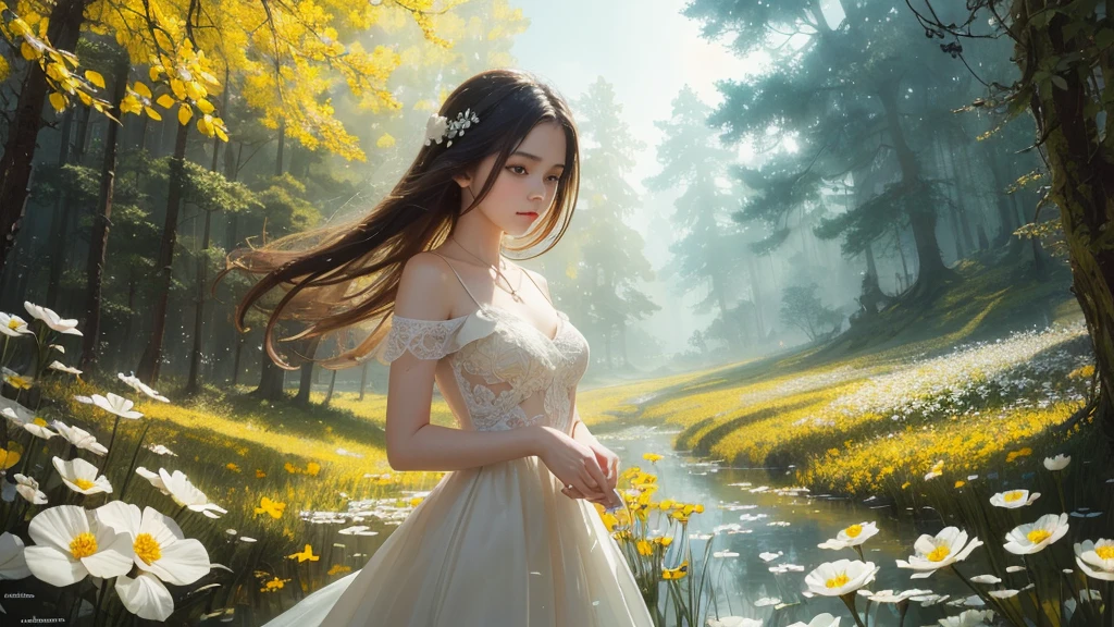 32k, Masterpiece, highest quality, One girl, Detailed eyes, flower,Sandersonia, Yellow and white style,A dreamy, romantic piece,Pale orange, Mysterious Leaves,A playful arrangement,Fantasy,High Contrast,Ink strokes,explosion,Exposure, Impression of yellow and white tones,Abstract,((Watercolours by John Berkey and Jeremy Mann )) Brush strokes,Negative Space, Tyndall effect,