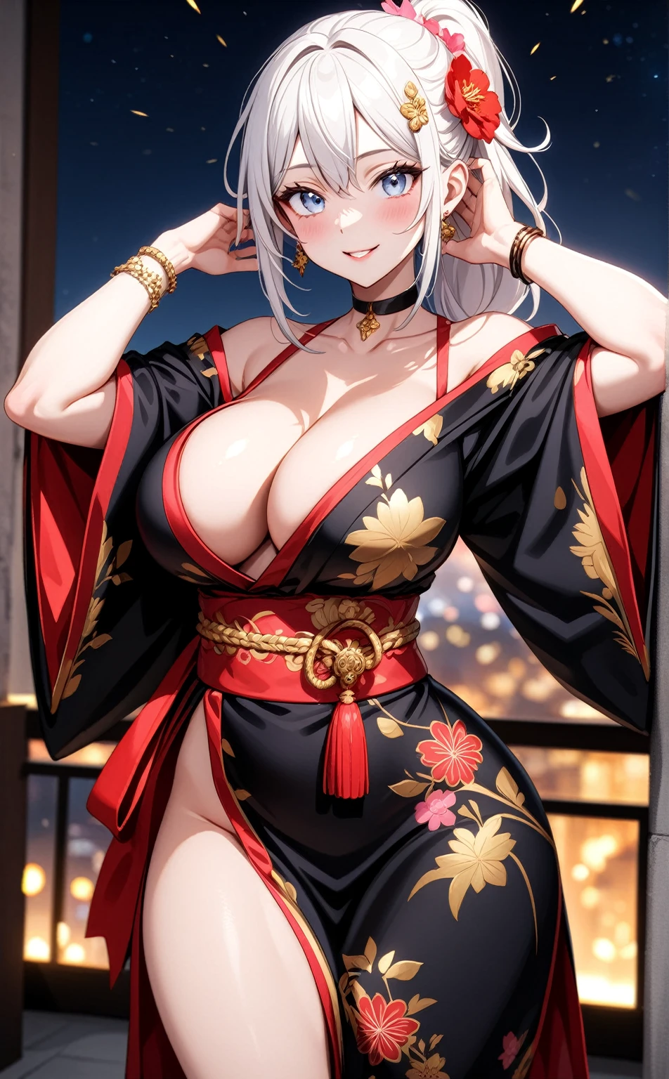 ((one personの女性)), Beautiful Face,((Wink:1.0)),((Put your hands behind your head:1.1)),(Bright red cheeks:1.4),Laughing embarrassedly,Laughing with your mouth open,Glossy pink lips,Lighting on the face,night,rooftop,night景,Colorful fireworks,((Anime style background)),masterpiece, highest quality, so beautiful, Latest, Complex details, (Pink long nails),(ring),(bracelet),(choker),AI-generated, Complex,High resolution, highest quality, super high quality,3D Images、View your viewers、3D Images,one person,Long white hair,High Ponytail,(blue eyes),Anime woman posing for a photo, ((Fine grain、Silvery white colorful eyes、Shining Eyes:1.2)),(Squint your eyes:1.1),a hyperRealistic , hyperRealistic , Realistic,Anime woman with long and white hair, Smooth anime CG art, A woman in a colorful kimono with gold embroidery, (Black kimono),Red floral pattern,Long flower hair ornament,Big earrings,Mature Body,(Big Breasts:1.2),Tall,Abdominal muscles,Narrow waist,(Zoom in on face:1.1),