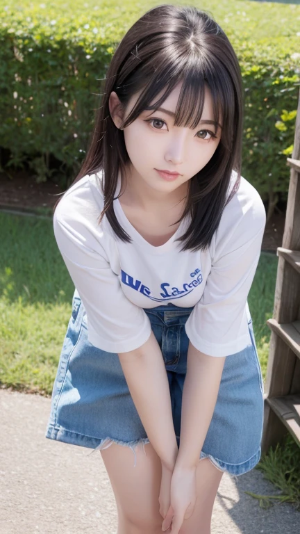 ((highest quality)), ((masterpiece)), (detailed), 8K,Realistic、High definition、high resolution、Real、((Two Girls))、c cup breasts、Japanese、Outdoor、blue sky、Are standing、smile、A good friend、21 years old、Heavy makeup、Very black hair、Straight long hairstyle、Shiny Hair、Glowing Skin、Cute black short sleeve shirt、Denim pants、Looking up、Bending over and peering in、Strong contrast、Big Eyes