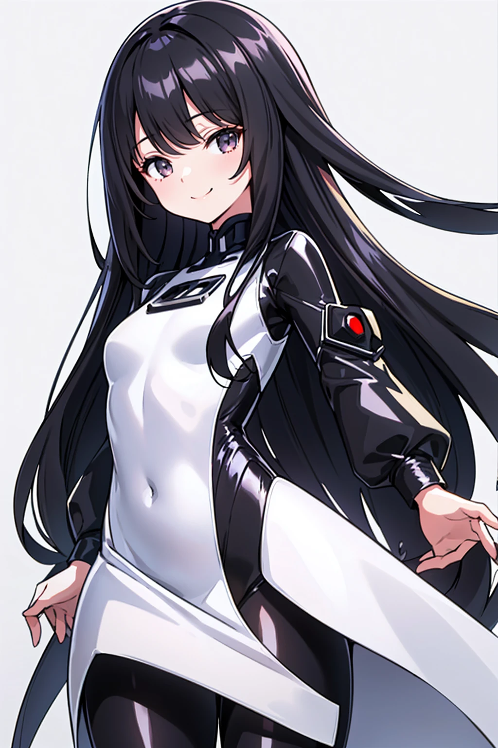 whole body,Standing posture, (alone,Shiny Hair,Hime cut,Black Hair,Long Straight Hair,) (One girl, Normal milk), (beautifully drawn face:1.2) (Plug Suit:1.3,Black clothes) smile,Cool pose,(White background)