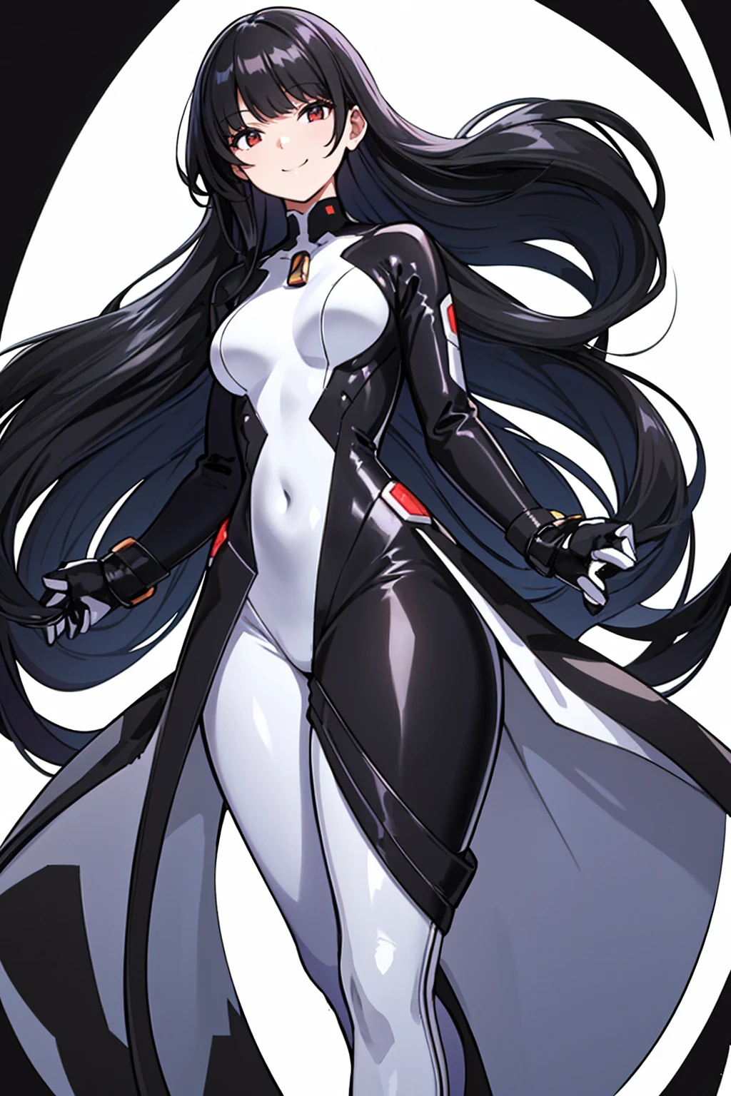 whole body,Standing posture, (alone,Shiny Hair,Hime cut,Black Hair,Long Straight Hair,) (One girl, Normal milk), (beautifully drawn face:1.2) (Plug Suit:1.3,Black clothes) smile,Cool pose,(White background) 