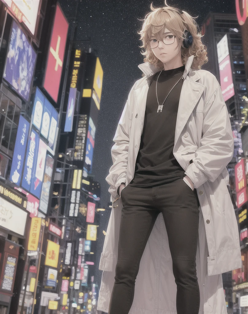 "A 2D anime-style image of a male character standing in the middle of a bustling city street at night. The character has curly hair, wears glasses, a white shirt, a light brown jacket, and headphones on his ears. The background features tall buildings with illuminated signs and lights, a night sky with stars, and streetlights. Ensure the overall style and proportions are realistic and closely match the reference image."