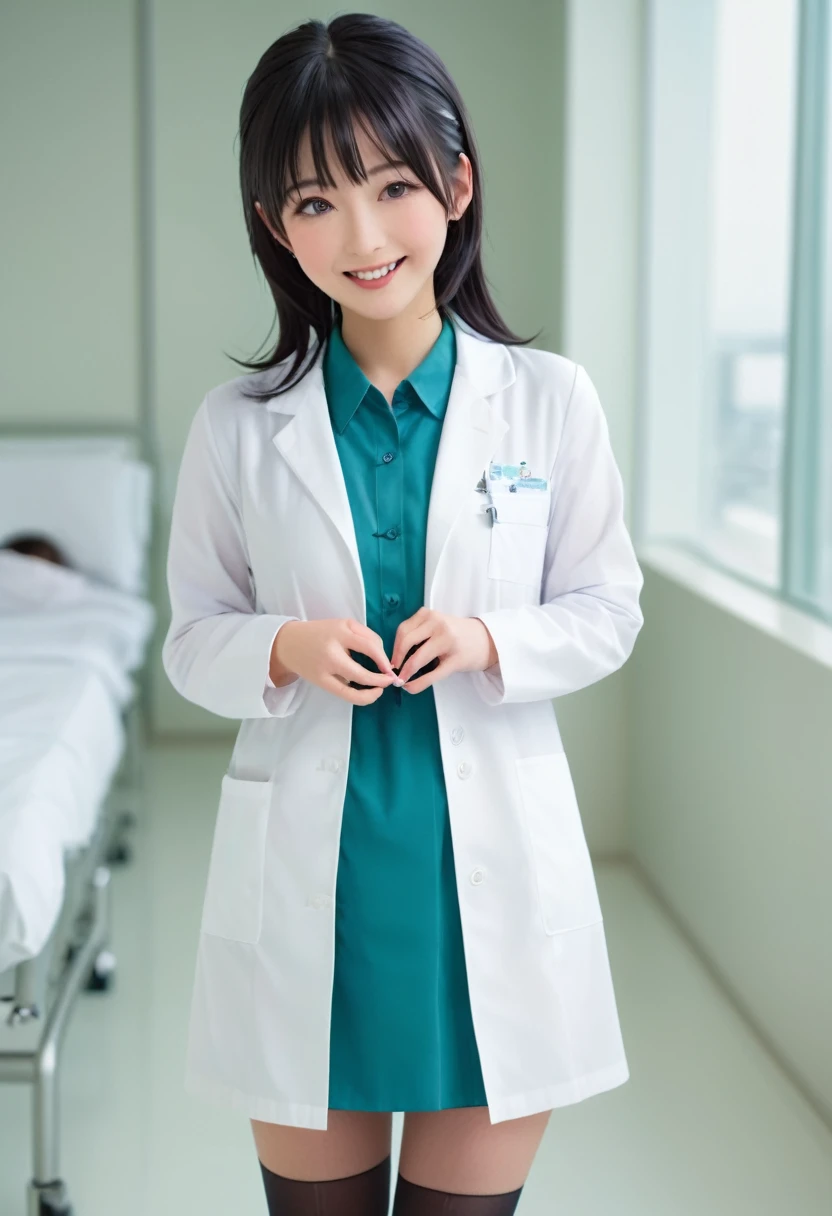 smiling stunning beautiful slim Japanese girl, wearing (white labcoat, teal shirtdress, white stockings), black hair, (clean modern upscale hospital room), photo, 1girl, cute, ultra high res, realistic photorealistic, ultra-detailed, finely detailed, high resolution, perfect dynamic composition, (perfect eyes), (detailed eyes), (clean eyes), (heart shaped hands)