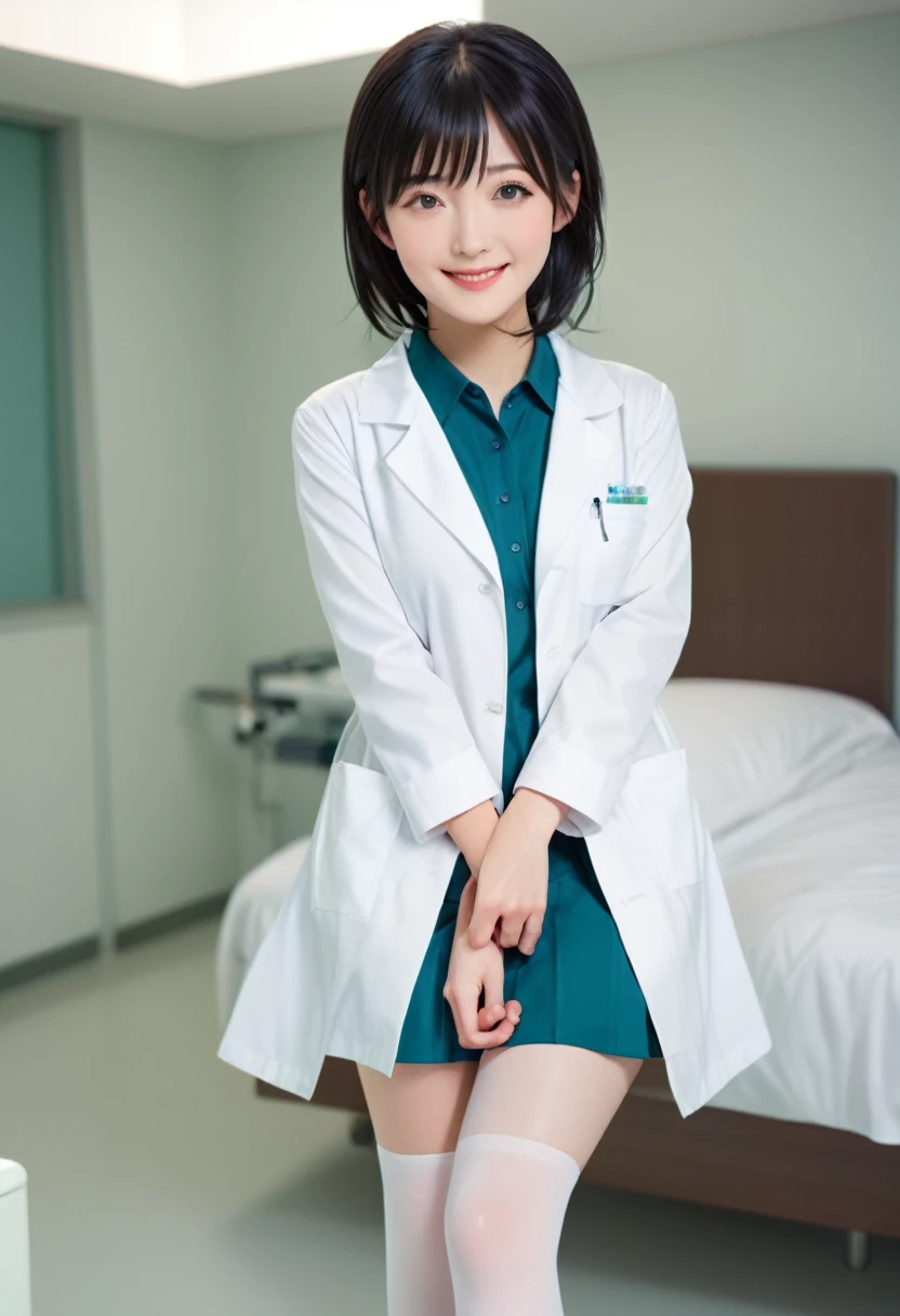 smiling stunning beautiful slim Japanese girl, wearing (white labcoat, teal shirtdress, white stockings), black hair, (clean modern upscale hospital room), photo, 1girl, cute, ultra high res, realistic photorealistic, ultra-detailed, finely detailed, high resolution, perfect dynamic composition, (perfect eyes), (detailed eyes), (clean eyes), (heart shaped hands)