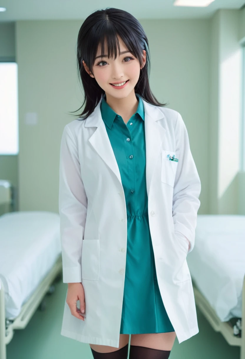 smiling stunning beautiful slim Japanese girl, wearing (white labcoat, teal shirtdress, white stockings), black hair, (clean modern upscale hospital room), photo, 1girl, cute, ultra high res, realistic photorealistic, ultra-detailed, finely detailed, high resolution, perfect dynamic composition, (perfect eyes), (detailed eyes), (clean eyes), (heart shaped hands)