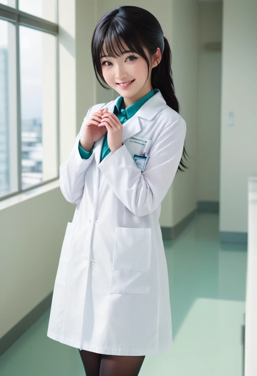 smiling stunning beautiful slim Japanese girl, wearing (white labcoat, teal shirtdress, white stockings), black hair, (clean modern upscale hospital room), photo, 1girl, cute, ultra high res, realistic photorealistic, ultra-detailed, finely detailed, high resolution, perfect dynamic composition, (perfect eyes), (detailed eyes), (clean eyes), (heart shaped hands)