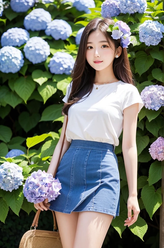 A cute 20-year-old girl standing in a park with hydrangeas in bloom(mini skirt)