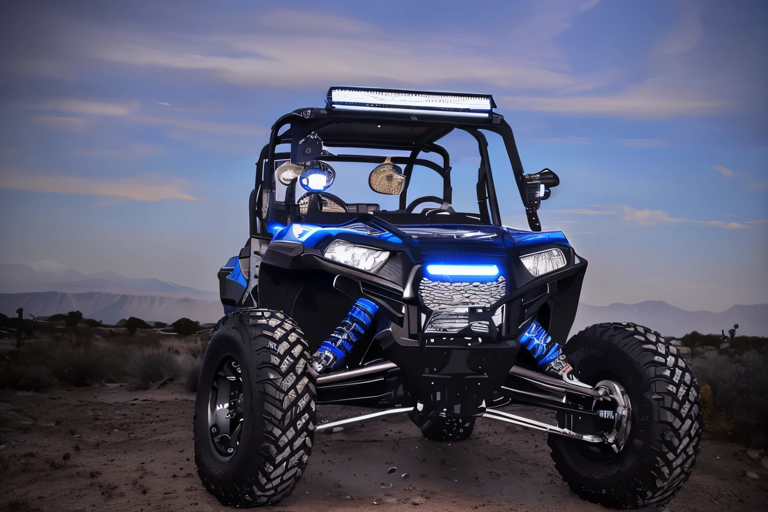 UTV on the water with mountains as black background. There are deserts, mountains and rain.