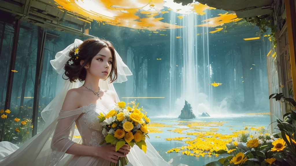 32k, Masterpiece, highest quality, One girl, Detailed eyes, flower,Sandersonia, Yellow and white style,A dreamy, romantic piece,Pale orange, Mysterious Leaves,A playful arrangement,Fantasy,High Contrast,Ink strokes,explosion,Exposure, Impression of yellow and white tones,Abstract,((Watercolours by John Berkey and Jeremy Mann )) Brush strokes,Negative Space, Tyndall effect,