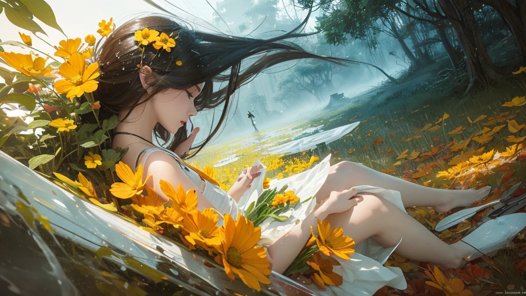 32k, Masterpiece, highest quality, One girl, Detailed eyes, flower,Sandersonia, Yellow and white style,A dreamy, romantic piece,Pale orange, Mysterious Leaves,A playful arrangement,Fantasy,High Contrast,Ink strokes,explosion,Exposure, Impression of yellow and white tones,Abstract,((Watercolours by John Berkey and Jeremy Mann )) Brush strokes,Negative Space, Tyndall effect,