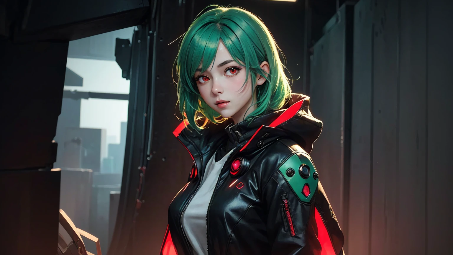 anime girl with green hair and red eyes in a dark room, artwork in the style of guweiz, guweiz, anime style 4 k, digital cyberpunk anime art, guweiz masterpiece, guweiz on artstation pixiv, guweiz on pixiv artstation, anime art wallpaper 8 k, anime art wallpaper 4 k