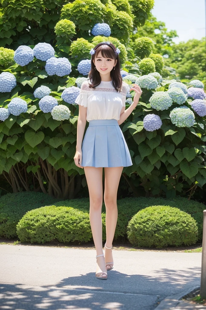 A cute 20-year-old girl standing in a park with hydrangeas in bloom(mini skirt)