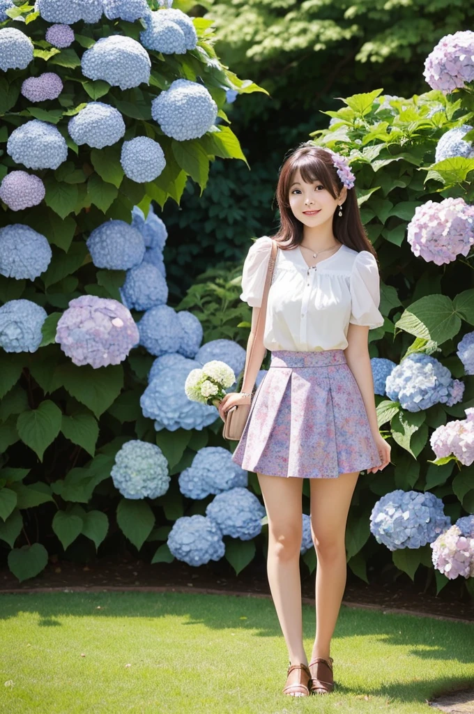 A cute 20-year-old girl standing in a park with hydrangeas in bloom（mini skirt）