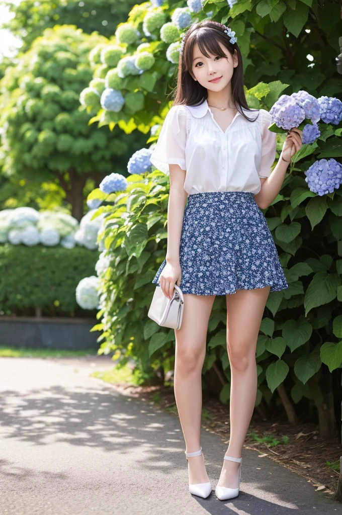 A cute 20-year-old girl standing in a park with hydrangeas in bloom(mini skirt)
