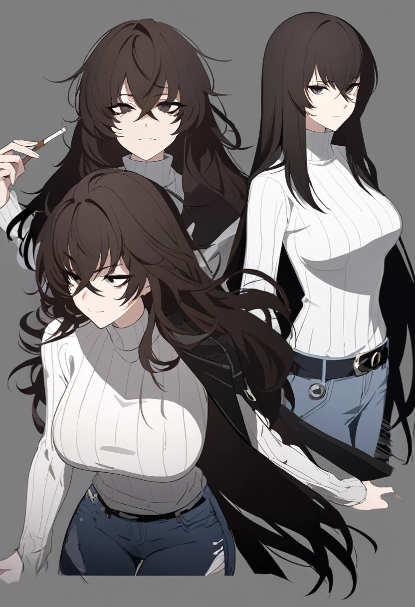 One Woman,Downer,older sister,Concept Art,Dark brown hair,Straight hair with slight inward curls,Staring eyes,Eye Ridge,black eye,Crossed bangs,whole body,smile,Larger breasts,Gray background,Bangs that reach down to the eyes,Messy hair,Perfect dark jeans,White turtleneck sweater,Multiple views of the same character,Character Design,Dark circles under the eyes,Bad look,Listless,Sloppy,accessories,Arknights Wind,Cafe staff,Holding a cigarette,whole bodyCharacter Design,