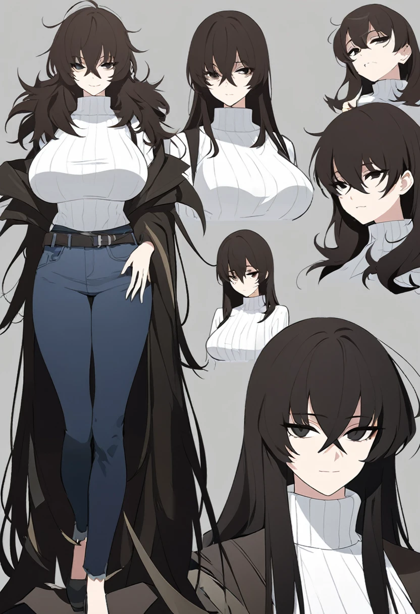 One Woman,Downer,older sister,Concept Art,Dark brown hair,Straight hair with slight inward curls,Staring eyes,Eye Ridge,black eye,Crossed bangs,whole body,smile,Larger breasts,Gray background,Bangs that reach down to the eyes,Messy hair,Perfect dark jeans,White turtleneck sweater,Multiple views of the same character,Character Design,Dark circles under the eyes,Bad look,Listless,Sloppy,accessories,Arknights Wind,Cafe staff,Holding a cigarette,whole bodyCharacter Design,