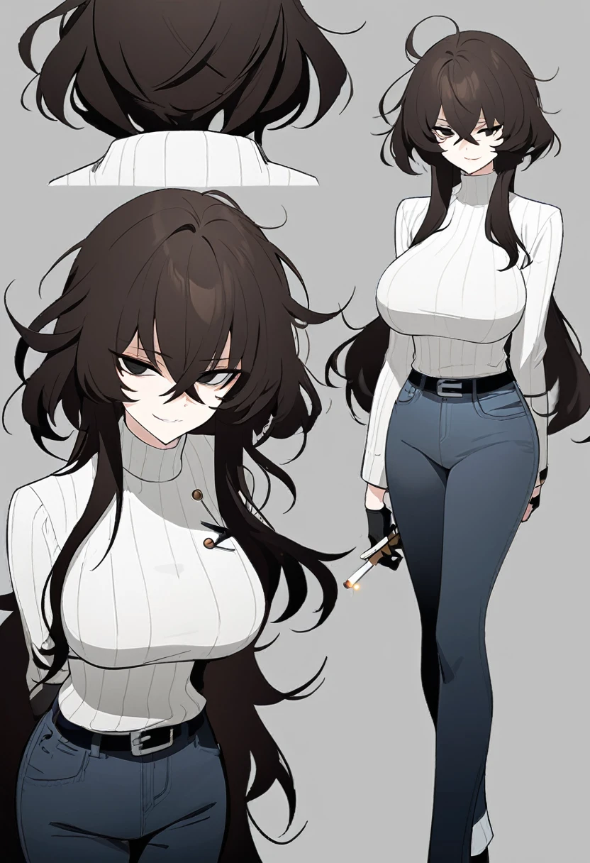 One Woman,Downer,older sister,Concept Art,Dark brown hair,Straight hair with slight inward curls,Staring eyes,Eye Ridge,black eye,Crossed bangs,whole body,smile,Larger breasts,Gray background,Bangs that reach down to the eyes,Messy hair,Perfect dark jeans,White turtleneck sweater,Multiple views of the same character,Character Design,Dark circles under the eyes,Bad look,Listless,Sloppy,accessories,Arknights Wind,Cafe staff,Holding a cigarette,whole bodyCharacter Design,