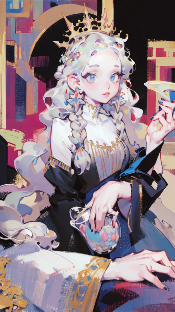 Woman with white long hair, natural white hair, albino woman, wavy hair,braided hair, detailed hairstyle, medieval hairstyle, detailed hairstyle,hair accessories, long hair, complicated hairstyle, front view, medieval woman, game of thrones style, queen, dragon queen,a lot of hair accessories,hd masterpiece, best quality, looking majestic,a painting of a woman with a crown on her head, hyperrealistic fantasy art, beautiful character painting, fantasy portrait art, realistic renaissance portrait, beautiful fantasy art portrait, portrait painting of a princess, realistic fantasy painting, fantasy art portrait, renaissance digital painting, gorgeous digital painting, realistic fantasy artwork, epic fantasy art portrait, detailed matte fantasy portrait, princess portrait