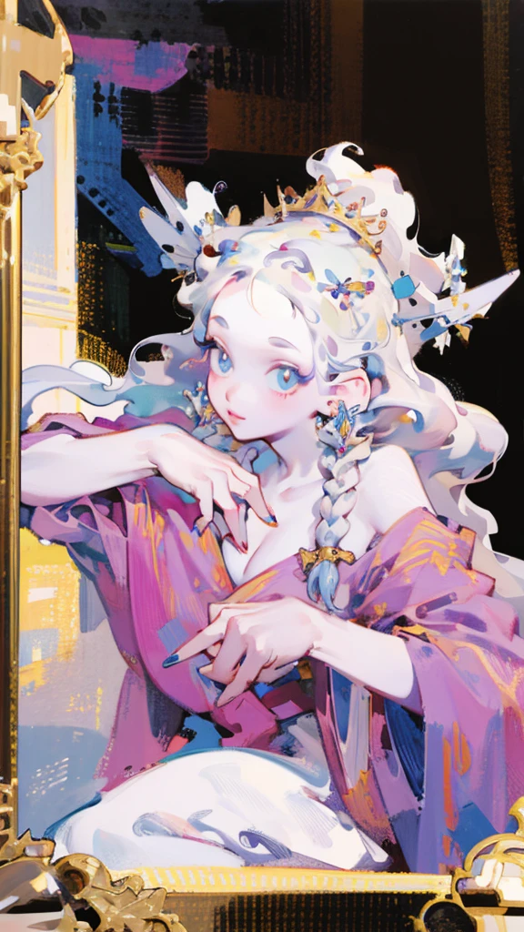 Woman with white long hair, natural white hair, albino woman, wavy hair,braided hair, detailed hairstyle, medieval hairstyle, detailed hairstyle,hair accessories, long hair, complicated hairstyle, front view, medieval woman, game of thrones style, queen, dragon queen,a lot of hair accessories,hd masterpiece, best quality, looking majestic,a painting of a woman with a crown on her head, hyperrealistic fantasy art, beautiful character painting, fantasy portrait art, realistic renaissance portrait, beautiful fantasy art portrait, portrait painting of a princess, realistic fantasy painting, fantasy art portrait, renaissance digital painting, gorgeous digital painting, realistic fantasy artwork, epic fantasy art portrait, detailed matte fantasy portrait, princess portrait