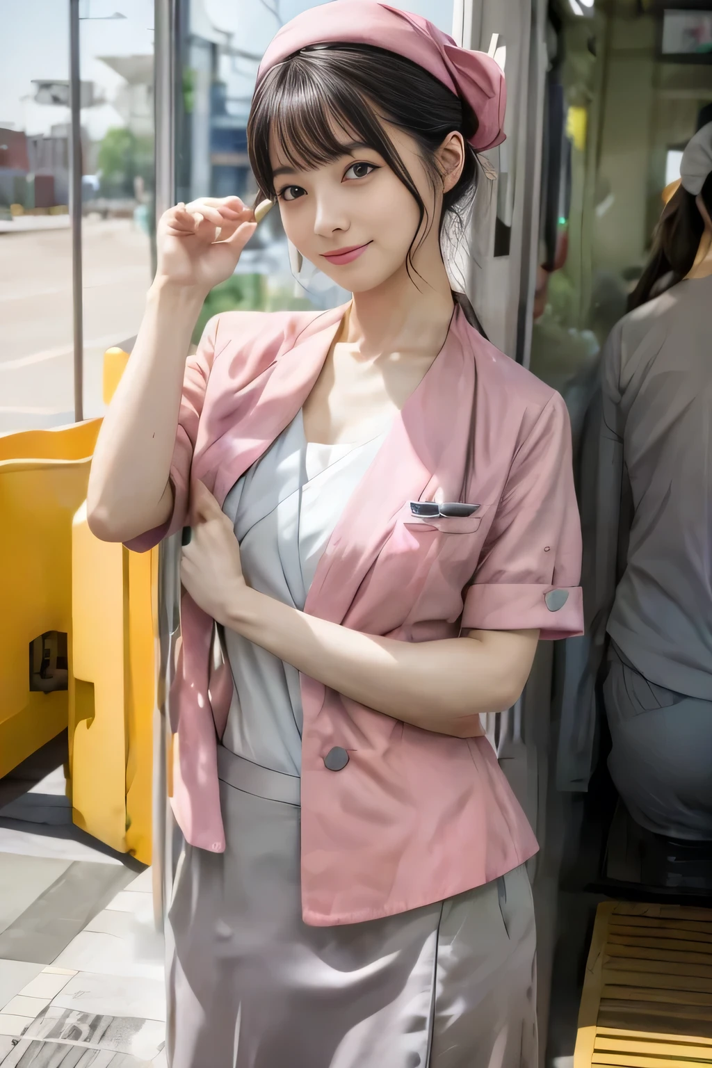 (masterpiece:1.2, highest quality:1.2), 32K HDR, High resolution, (alone、1 girl)、 (Height: 160cm)、(On the rooftop of a building in the daytime、Professional Lighting)、Building rooftop background、(Nankai train crew uniform pinkを着たリアルスタイル)、(Nankai train crew uniform pink short sleeve collarless pink jacket、Nankai Train Crew Uniform Pink Collarless Short Sleeve Blouse、Nankai Train Crew Uniform Pink Grey Knee-length ttes)、Dark brown hair、(Hair tiedr tied up、Everly hairstyle)、Dark brown hair、Long Shot、Big Breasts、Thin l hands:2.0)),((Harmonious body proportions:1.5)),((Normal limbs:2.0)),((Normal finger:2.0)),((Delicate eyes:2.0)),((Normal eyes:2.0)))、smile、(Nankai Train Crew Uniform Pink Grey Knee-length Culottesを見せた美しい歩く姿)、Place younds around your stomach、Lanyard employee ID card