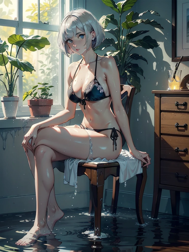 ((masterpiece)), ((best quality)), (ultra-detailed), ((extremely detailed)), 4K, (8K), best quality, a beautiful woman, ((beautiful light gray hair)), shiny hair, ((fluffy bob cut)), light blue eyes, freckled skin, flushed cheeks, 20 years old,
((sitting in Indian style)), sitting, ((black bikini with floral pattern)), bare feet, perfect limbs, full body, accessories
Slender wooden one-person designer chair, one chair, ((front view, taken from distance)), bright light, ((windowless room)), ((room with no furniture except one chair)), green mortar walls, ((waterlogged marble floor)), ((light illuminating entire body)), ((no furniture at all)), waterlogged chair, hanging plants, tidy, ((no furniture)) (plain, tidy room with soaked chairs, hanging plants), ((a light that illuminates the whole body)), ((no furniture)), ((a chair soaked in water))