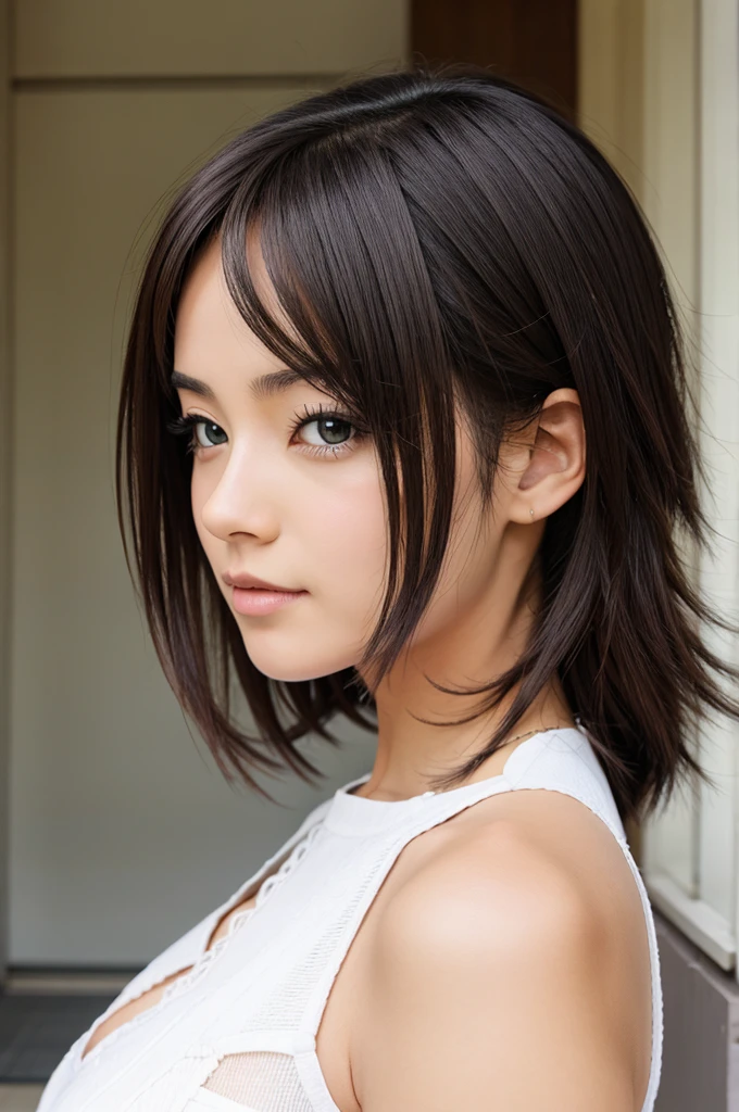 (realistic, photo-realistic:1.4), (masterpiece, best quality:1.2), RAW photo, high resolution, intricate details, extremely detailed, insanely detailed, incredibly detailed, finely detailed, portrait, frontal photography, solo, 1girl, (bob hair, blunt bangs:1.5), detailed face, detailed eyes, pale skin, fine-textured skin, smile, bare shoulder, sleeveless, strapless, collarbone, choker,