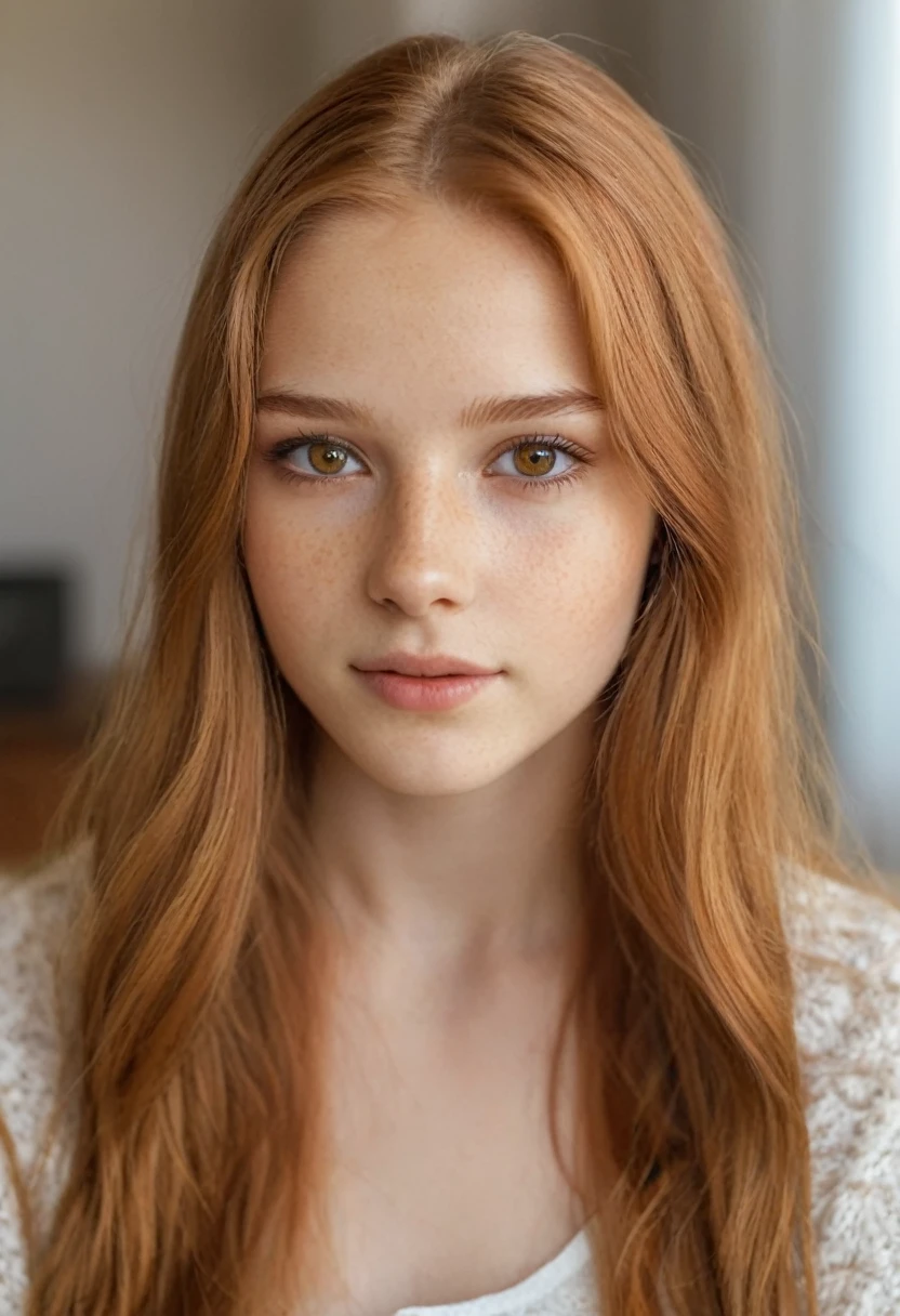close-up portrait, pretty girl, long hair, copper hair, hazel eyes, white skin color, age 18, 8k photo quality, as realistic as possible, in a living room