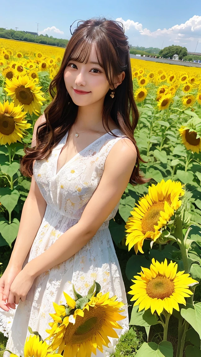 A beautiful woman in a flowing summer dress, standing in a field of sunflowers under a bright blue sky. She has long, wavy hair and a radiant smile, basking in the sunlight