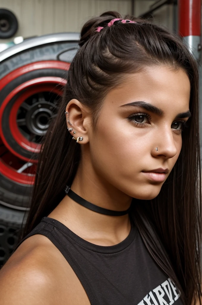 A tough-looking college-age girl with dark brown tied-up hair, and fair skin, has a nose piercing, an eyebrow piercing, three ear piercings in both ears, tattoos on her arm, and works as a mechanic