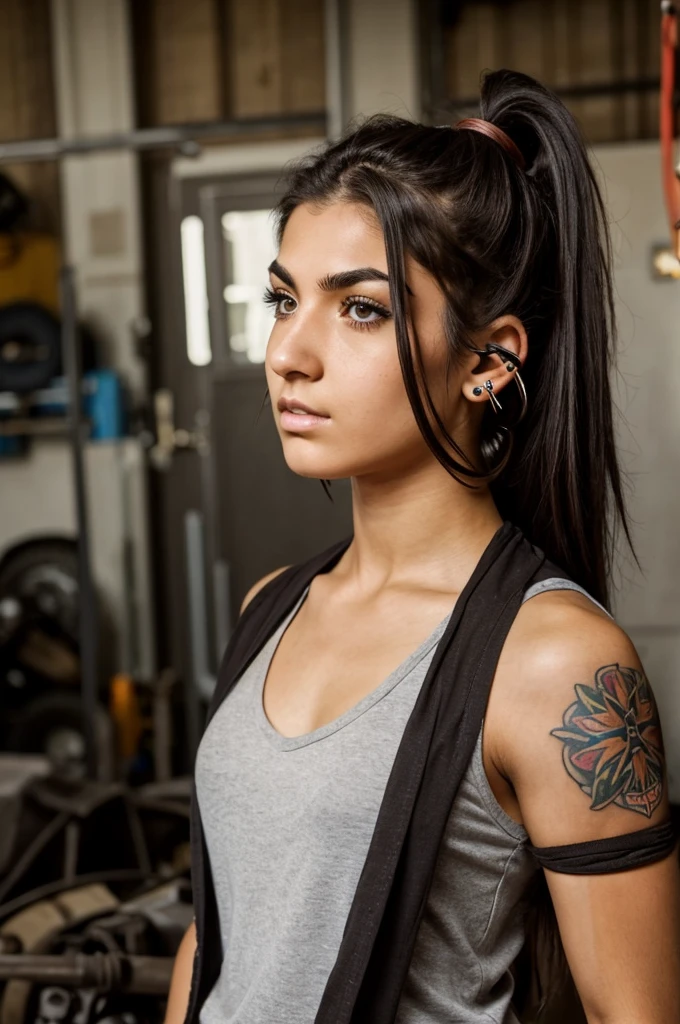 A tough-looking college-age girl with dark brown tied-up hair, and fair skin, has a nose piercing, an eyebrow piercing, three ear piercings in both ears, tattoos on her arm, and works as a mechanic