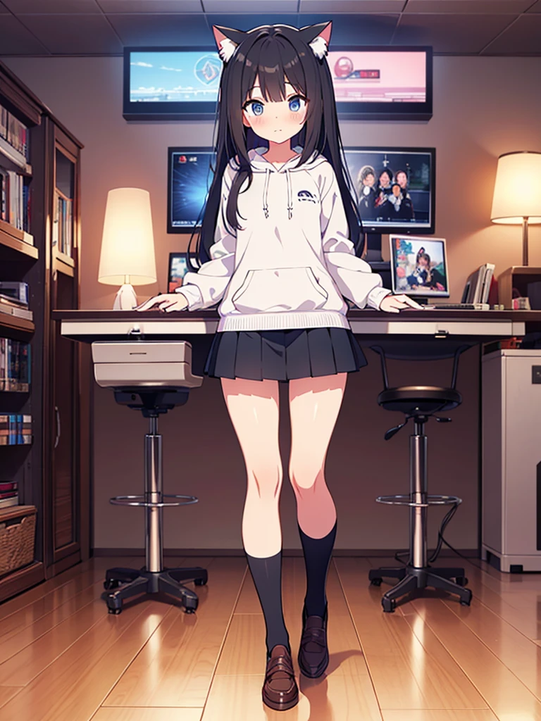 Girl long black hair blue eyes blush on face in PC gaming room Short pleated skirt long stockings cat hoodie great quality 8k very detailed image perfect anatomy full body