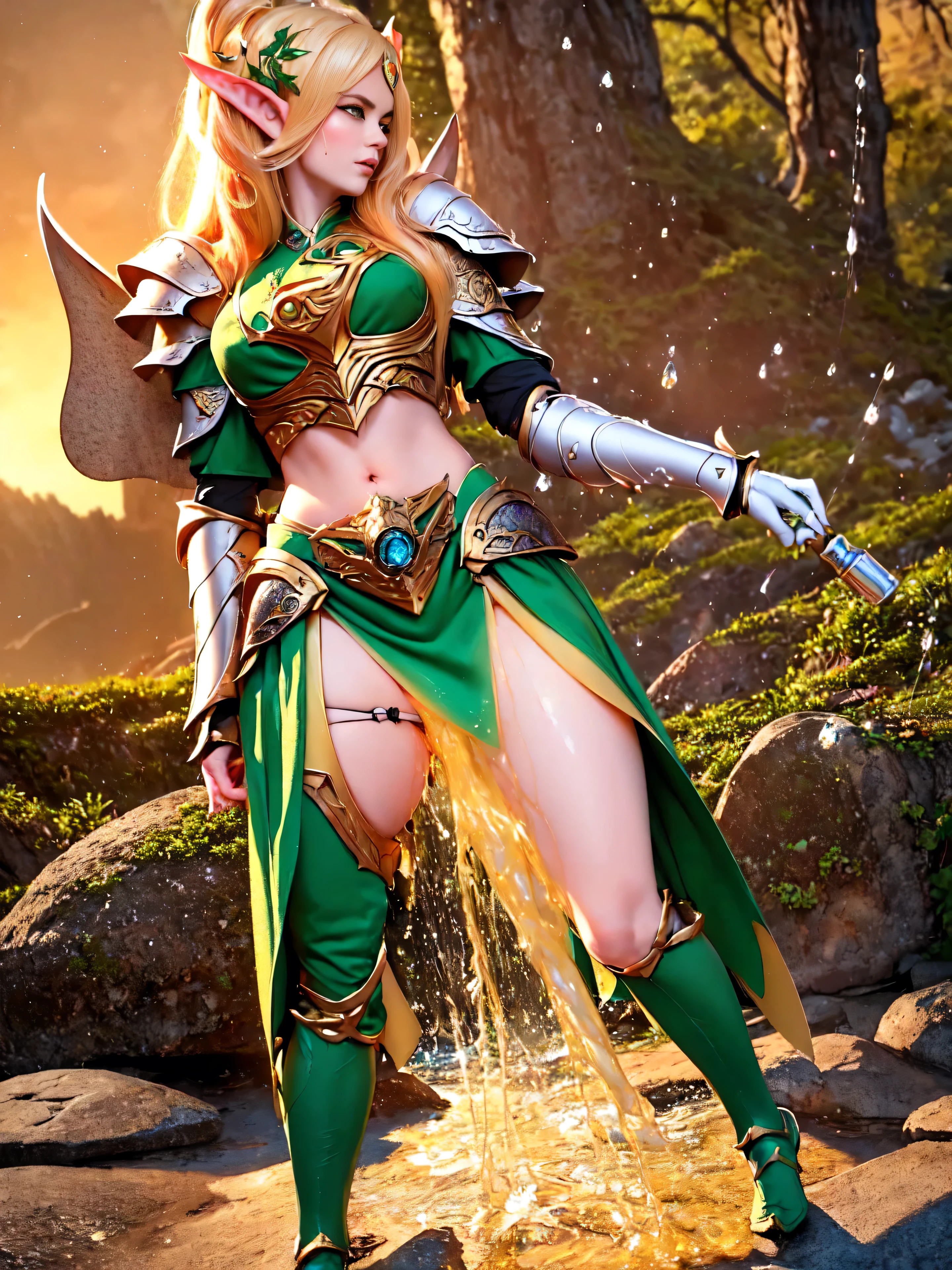 (masterpiece, clean, 8K, high res), pov, from front, full body portrait of a beautiful woman, extremely detailed face, slender body, narrow waist, bright golden hair, small breasts,  wearing intricate green and white armor, ((elven chest armor, armored bra)) , elven torso armor, (green mini skirt), belt, cape, tiara,  , (legs apart), (showing panties:1.1)、(lifted skirt:1.2) , (white panties:1.5),  (standing on a rock: 1.2)、(peeing self:1.3 ), (pee running down legs), wet panties, wet pants, (pee spray falling between legs:1.5), (pee puddle:0.5 ), (droplets of yellow liquid on thighs and panties:1.3 ), (stream of yellow liquid falling between legs starting at subject crouch) , (super beautiful)、(beautiful face:1.5), sunset lighting, deep shadows, (mountain forest background) ,  an elven ranger with no bladder control 