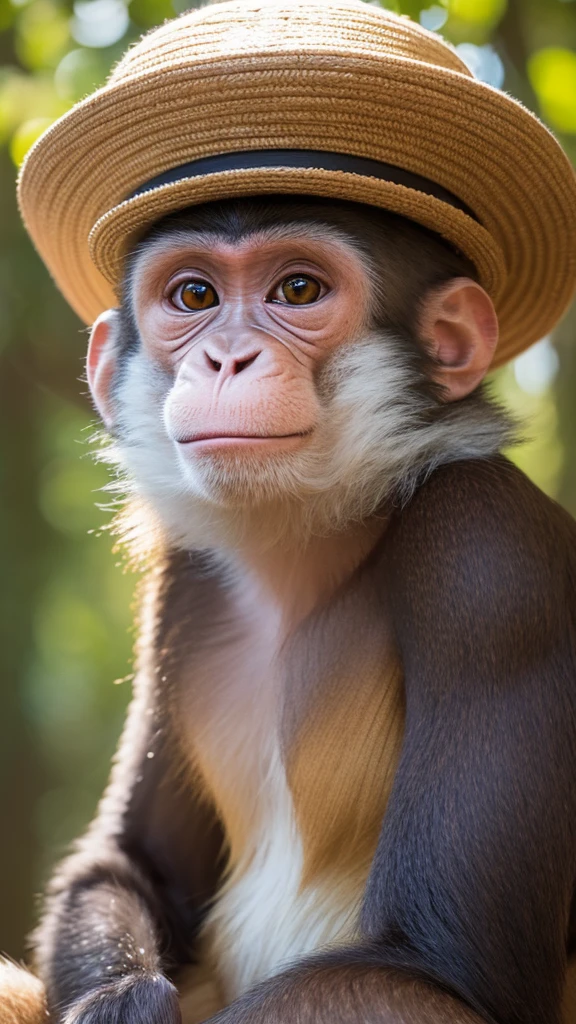 highest quality, High resolution, Super detailed, Realistic, Monkey in a hat, Anthropomorphic monkey, Detailed faces and expressions, Cute monkey with human features, Realistic textures, The specifics of fur and hats, Vibrant colors, Whimsical art style, Outdoor installation, Natural light