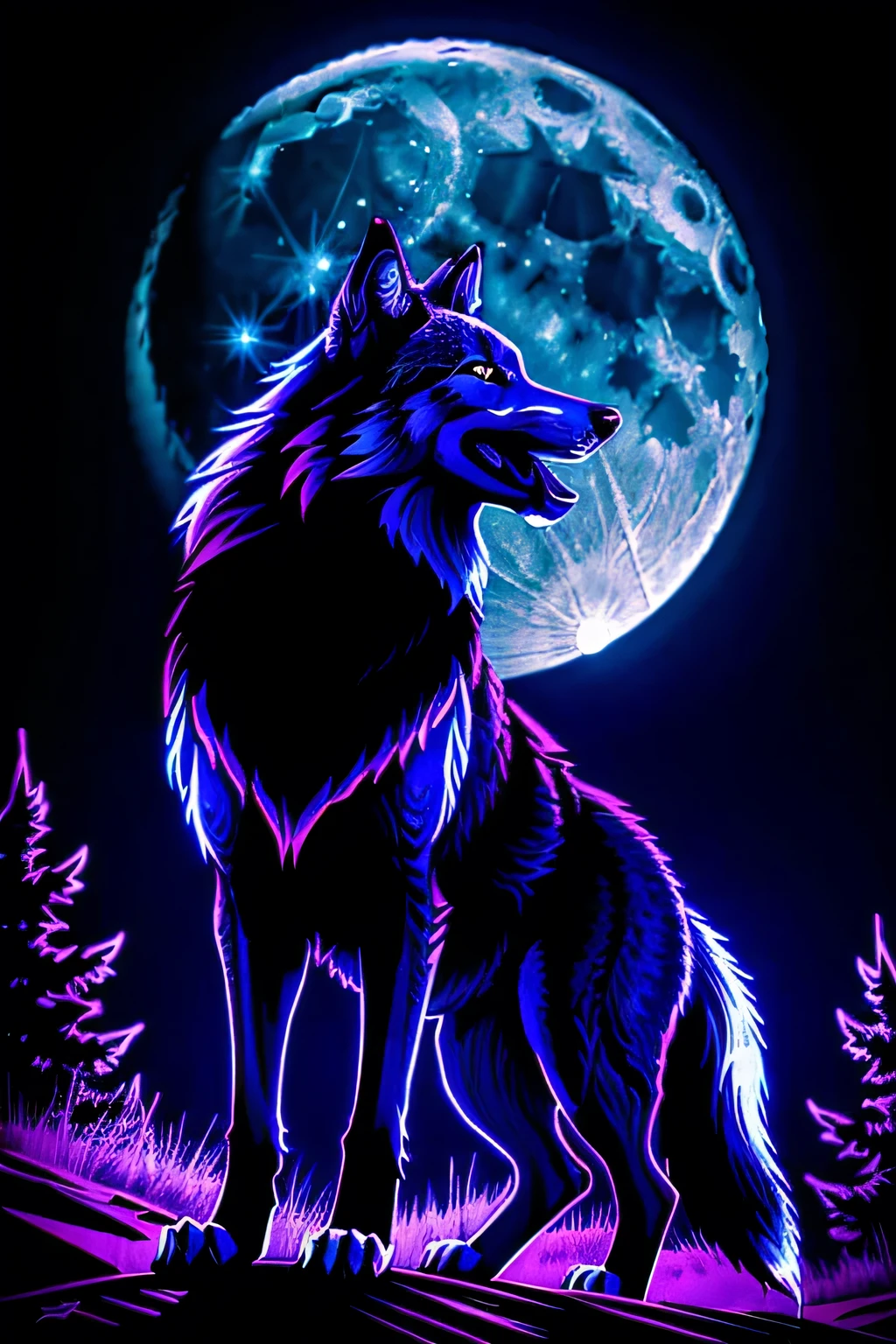 blacklight style wolf howling with the moon background