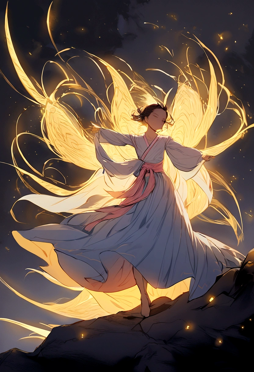 Han Se-ri stood poised on the edge of the cliff, her hanbok flowing in the wind. With a fierce shout, she lunged forward, her fingers weaving intricate patterns in the air. Brilliant arcs of golden light erupted from her hands, illuminating the dark sky as ancient magic surged through her.