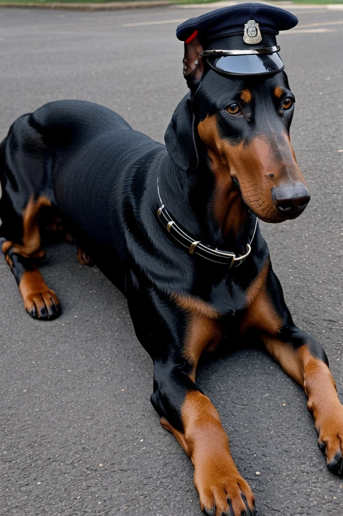 A nice doberman dog or something different that has a police cap just the cap