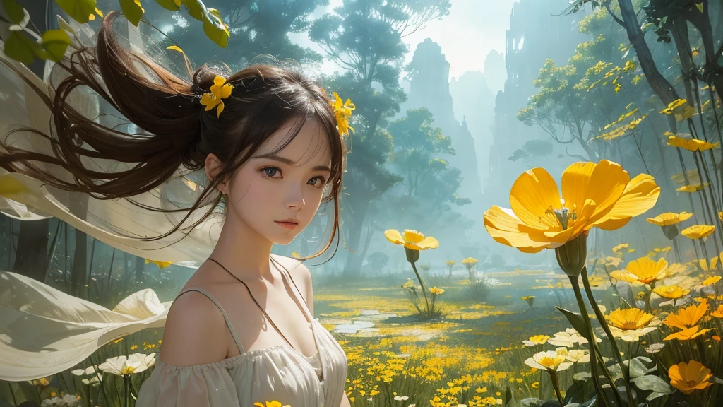 32k, Masterpiece, highest quality, One girl, Detailed eyes, flower,Sandersonia, Yellow and white style,A dreamy, romantic piece,Pale orange, Mysterious Leaves,A playful arrangement,Fantasy,High Contrast,Ink strokes,explosion,Exposure, Impression of yellow and white tones,Abstract,((Watercolours by John Berkey and Jeremy Mann )) Brush strokes,Negative Space, Tyndall effect,