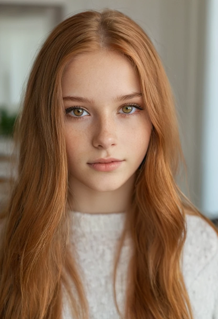 close-up portrait, pretty girl, long hair, copper hair, hazel eyes, white skin color, age 18, 8k photo quality, as realistic as possible, in a living room, beautiful