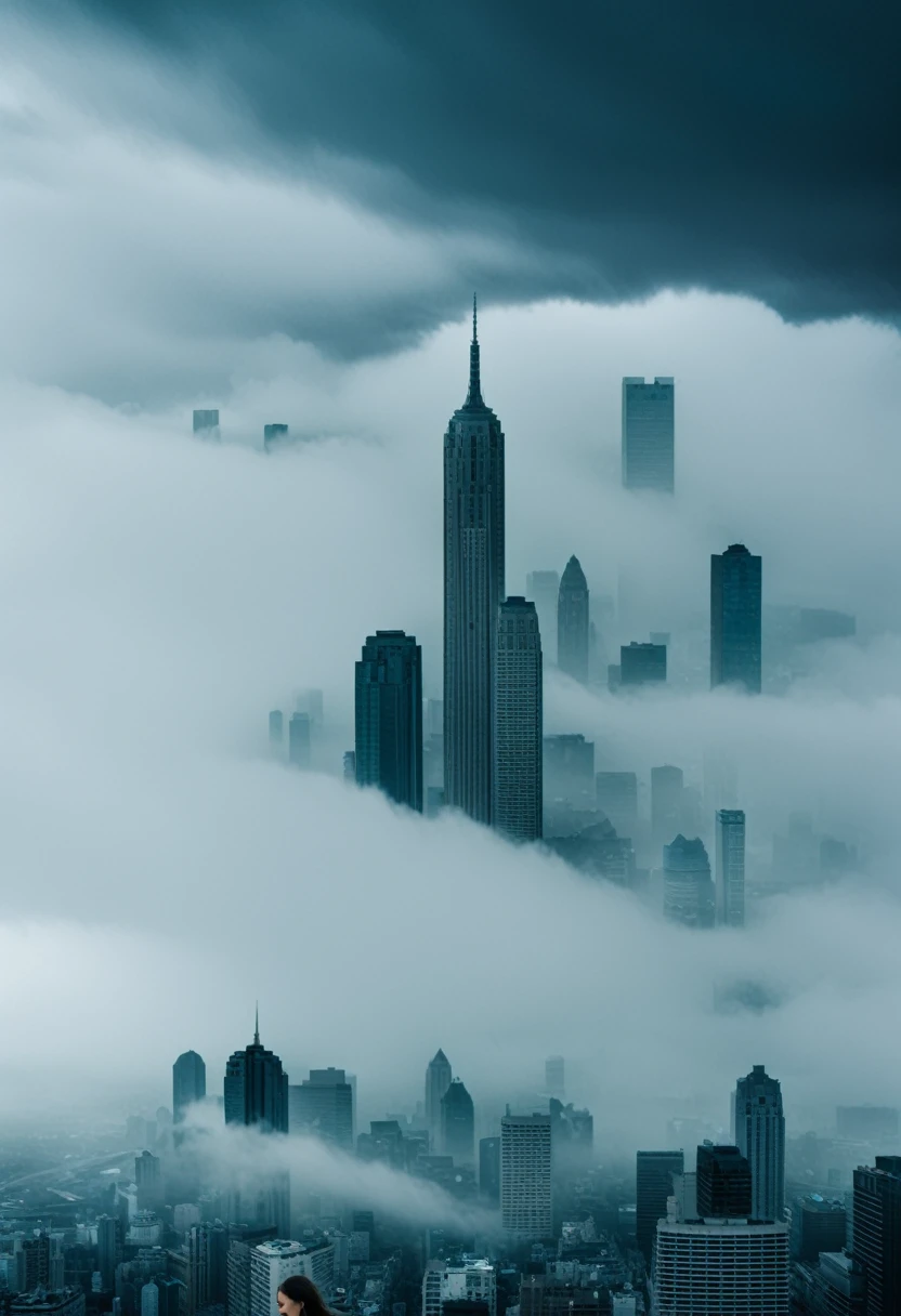 cyber punk [foggy cityscape in the distance : Very cute girl, city:0.33] Immerse yourself in a huge wind current, Living among thunderclouds, Behind the Cloud, (Double Exposure:1.3), photograph：Brandon Wolfermist, Surreal Dreams, Gray atmosphere, Wet day, dynamic, access, High resolution、Fuji Mountain