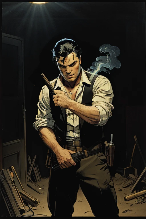 White Americsn man, long oily black hair, whidkets, electric giitar, gun, smoky, Tarantino vibe, by Brian Bolland, by Frazetta, by Mike Ploog, film noir, volumetric lighting, old film effect, 35mm, sharp constrast, grainy, vivid, lurid colors, Technicolor, HD. 8 x