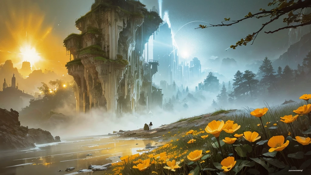 32k, Masterpiece, highest quality, One girl, Detailed eyes, flower,Sandersonia, Yellow and white style,A dreamy, romantic piece,Pale orange, Mysterious Leaves,A playful arrangement,Fantasy,High Contrast,Ink strokes,explosion,Exposure, Impression of yellow and white tones,Abstract,((Watercolours by John Berkey and Jeremy Mann )) Brush strokes,Negative Space, Tyndall effect,