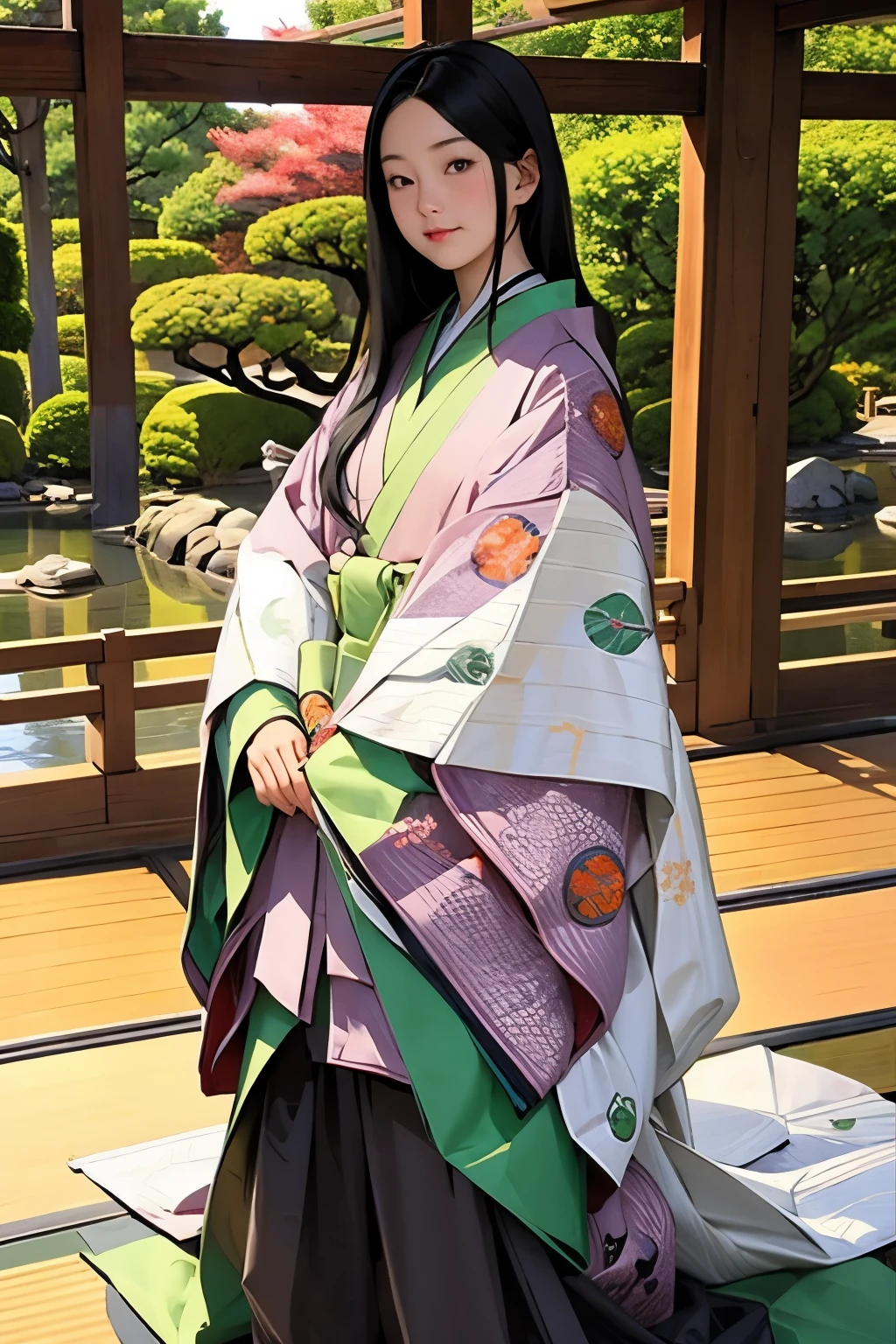 (masterpiece, highest quality:1.2), One girl, junihitoe, solo, Straight long black hair、open hiohgi、kabeshiro, lattice、Corridor、Japanese garden、