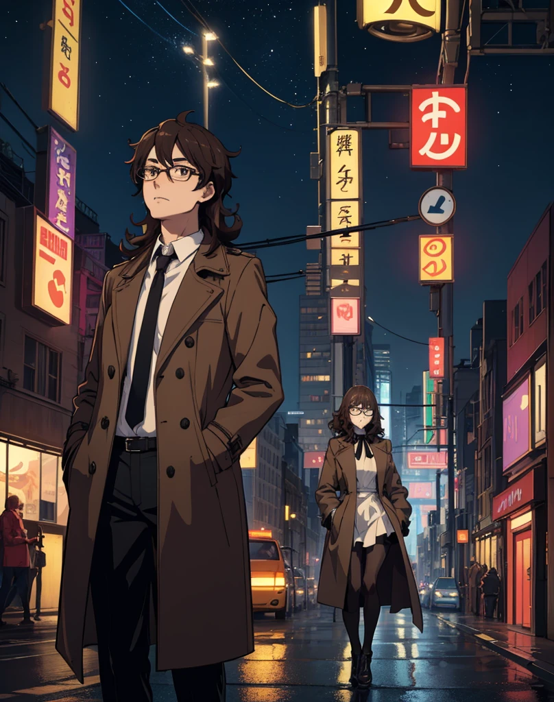 "A 2D anime-style image of a male character standing in the middle of a bustling city street at night. The character has dark brown curly hair, wears round glasses, a white dress shirt, a light brown trench coat, and black headphones over his ears. He has a focused expression, looking slightly upward. The background features tall buildings with illuminated signs and neon lights, a night sky with stars, and streetlights casting a warm glow. Ensure the overall style and proportions are realistic and closely match the reference image, capturing the details such as the folds in his coat, the texture of his hair, and the reflection in his glasses."