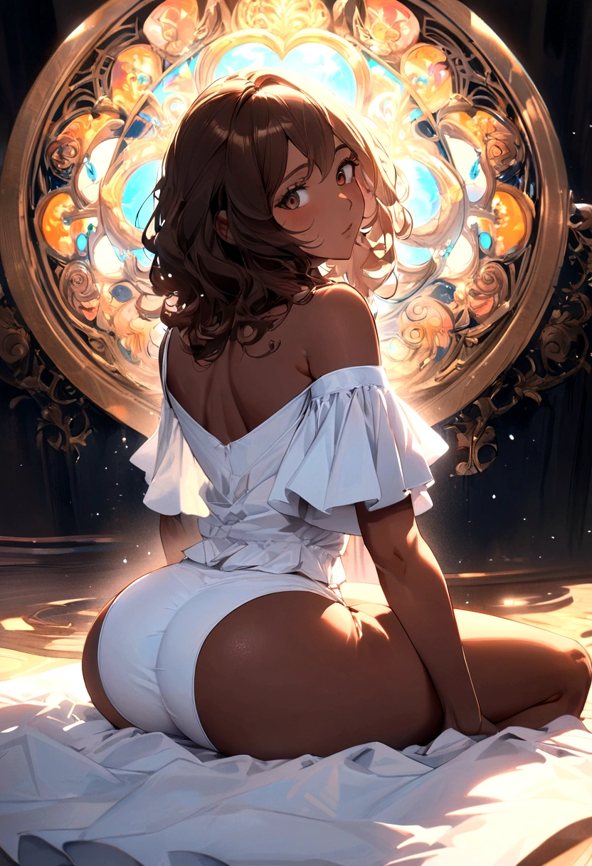 Brunette woman with brown skin in white shirt with sexy big pert ass sitting on the floor