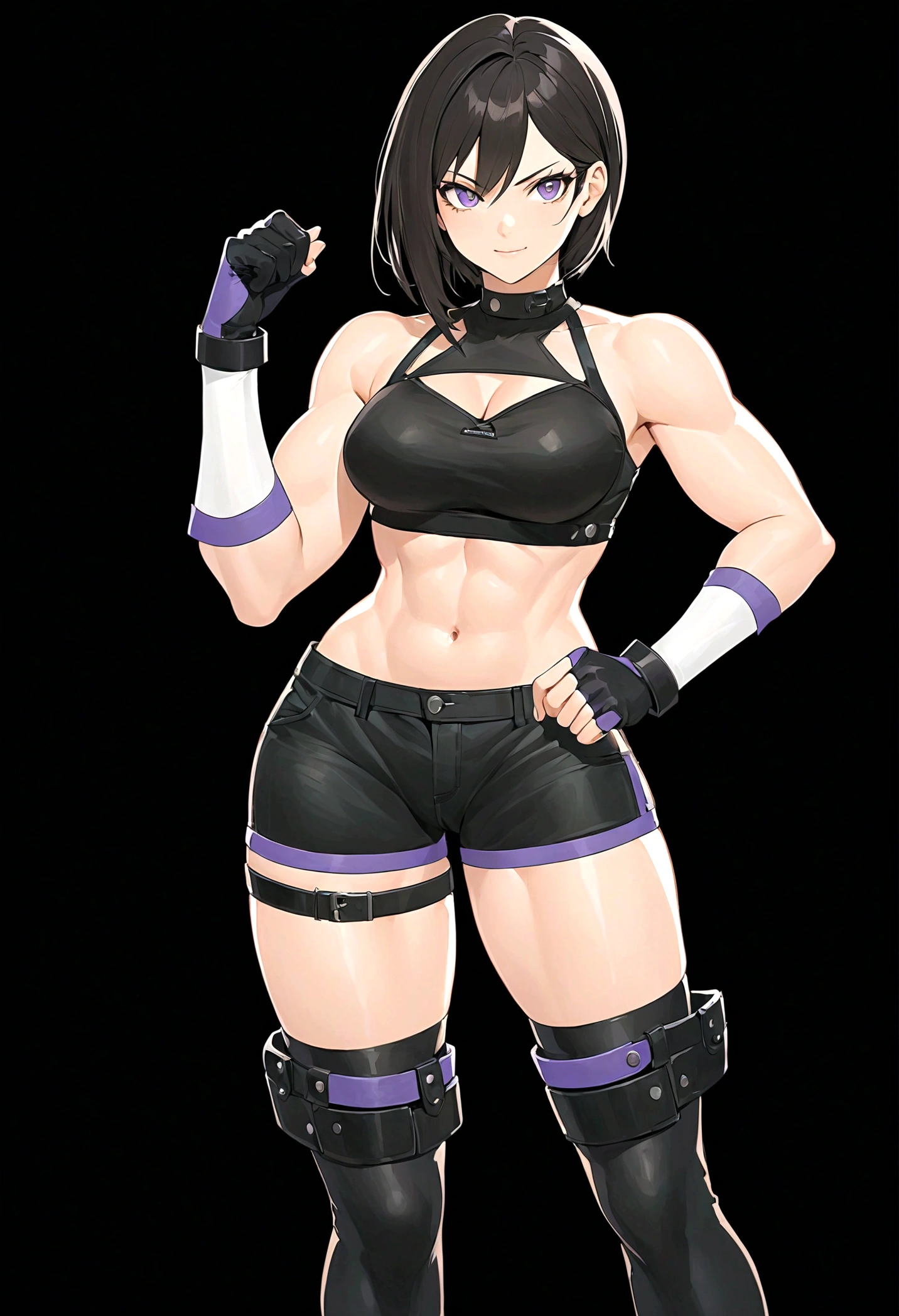 Tomboy girls, alone, Sexy, Smart, Strong, muscular body, Tall Body, medium size breast, Short black hair, purple pupil eyes, black plain chokers, wear jacket, black Crop top, short black jeans, thick long black stocking, High black boots, fingerless black gloves, One hand pulls the edge of a glove to tighten it, while the other hand is already gloved and clenched into a fist. She expression is smile intimidate, eyes staring sharply ahead, indicating readiness to fight, black background, Tekken Art Style, Anime art style.