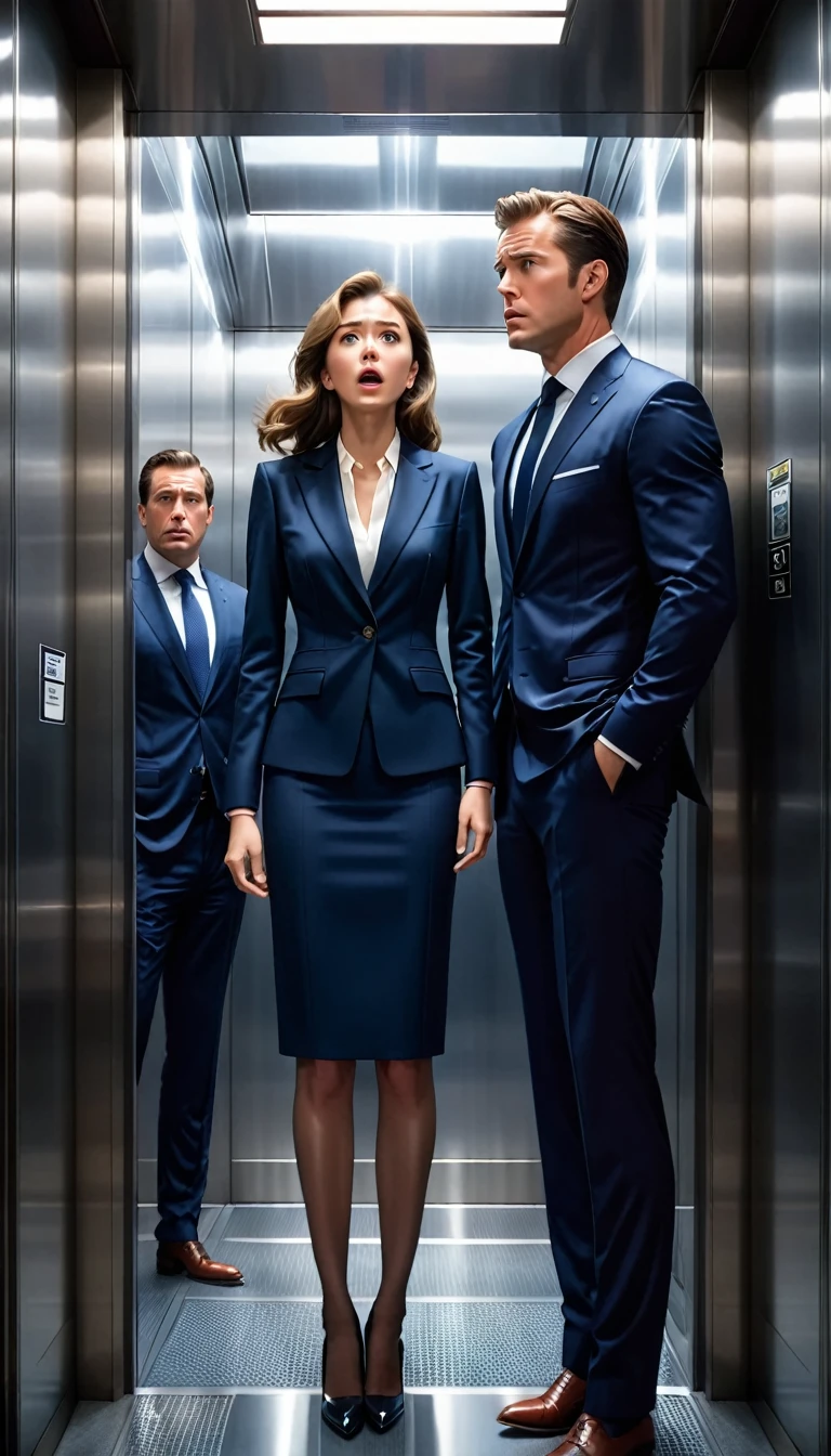 A frightened woman looks at a translucent man in an elevator、The semi-transparent man is wearing a suit、The frightened woman is wearing a navy blue suit