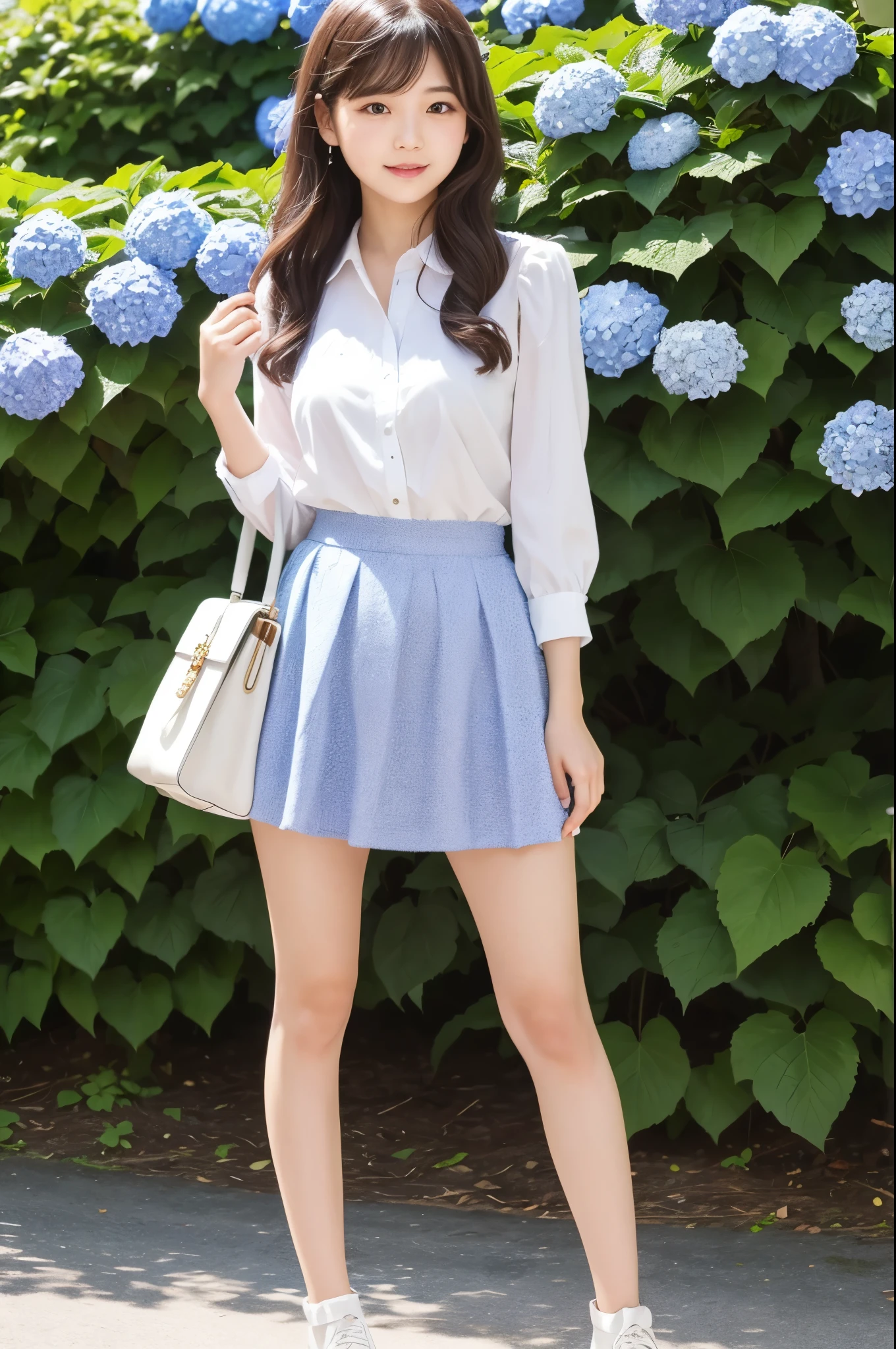 A cute 20-year-old girl standing in a park with hydrangeas in bloom(mini skirt)