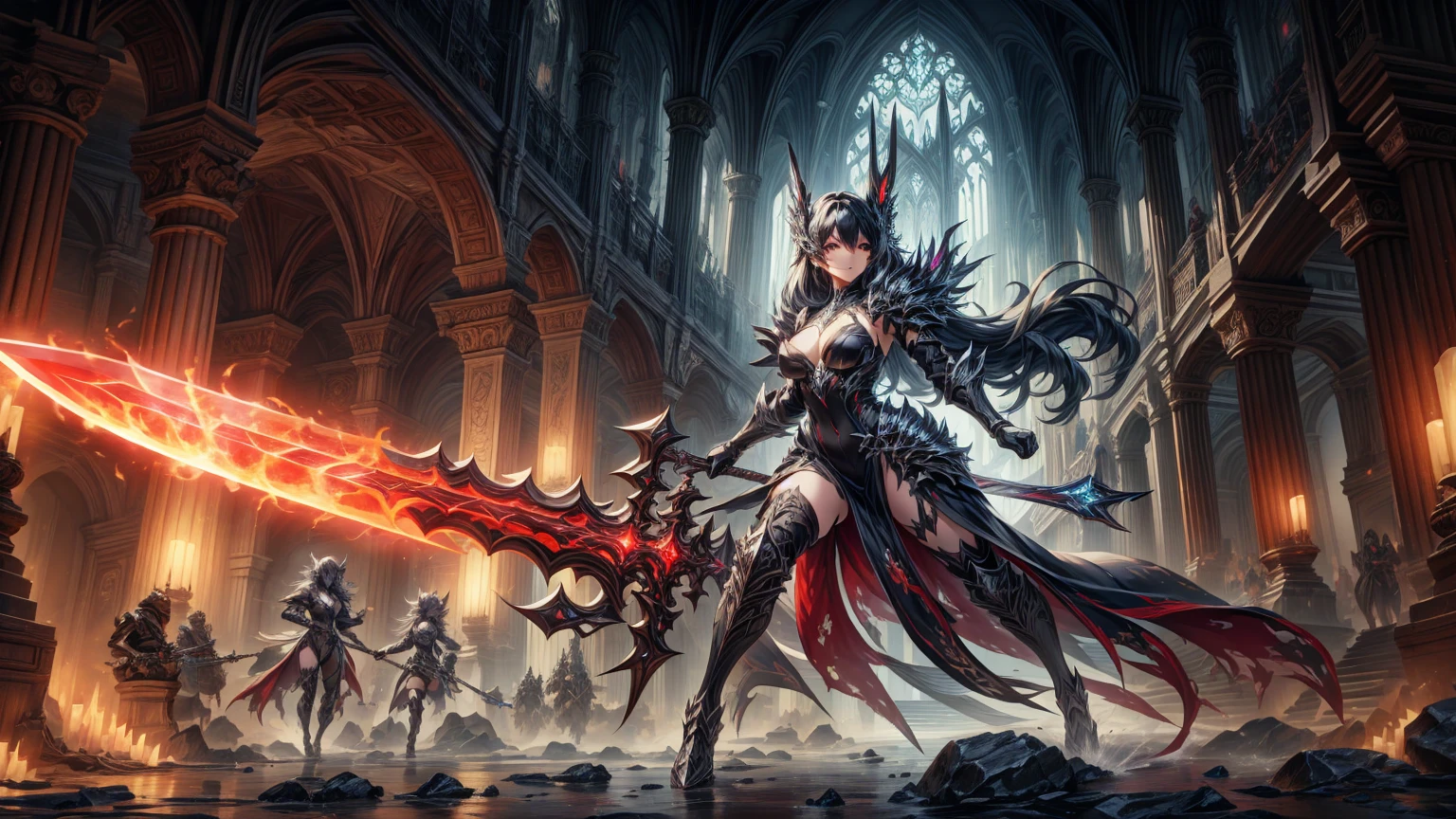 masterpiece, best quality, high quality, detailed, ultra detailed, hyper detailed, insanely detailed, exquisite, beautiful, FHD, Full-HD, 4K, 8K, 16K, highres, absurdres, background, a girl, beautiful, fantasy,battlefield,hailoknight, holding sword, holding weapon,mksks